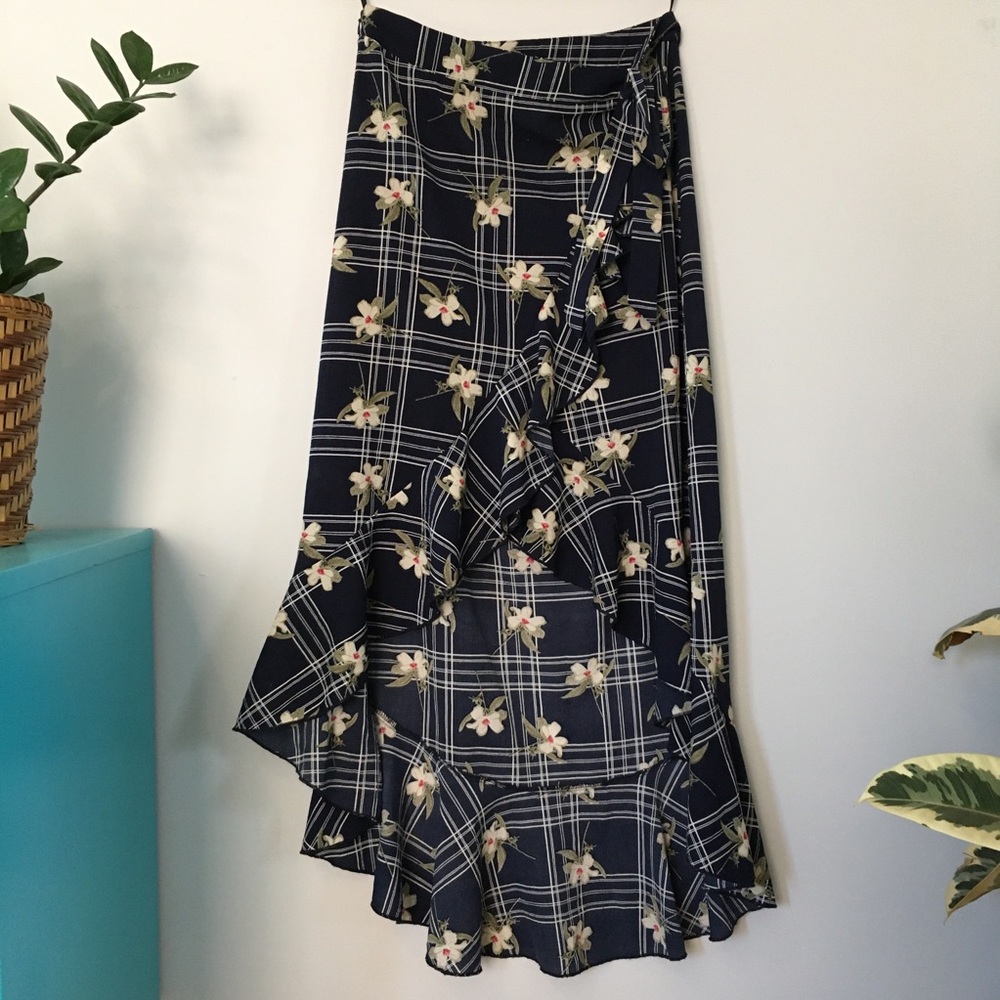 3/$30 Floral & Checks Faux-Wrap Ruffle Midi Skirt